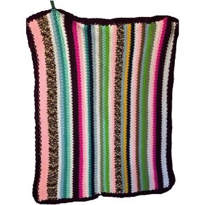 Vintage Handmade Crochet Afghan Striped Blanket 50" X 36" Retro Grannycore